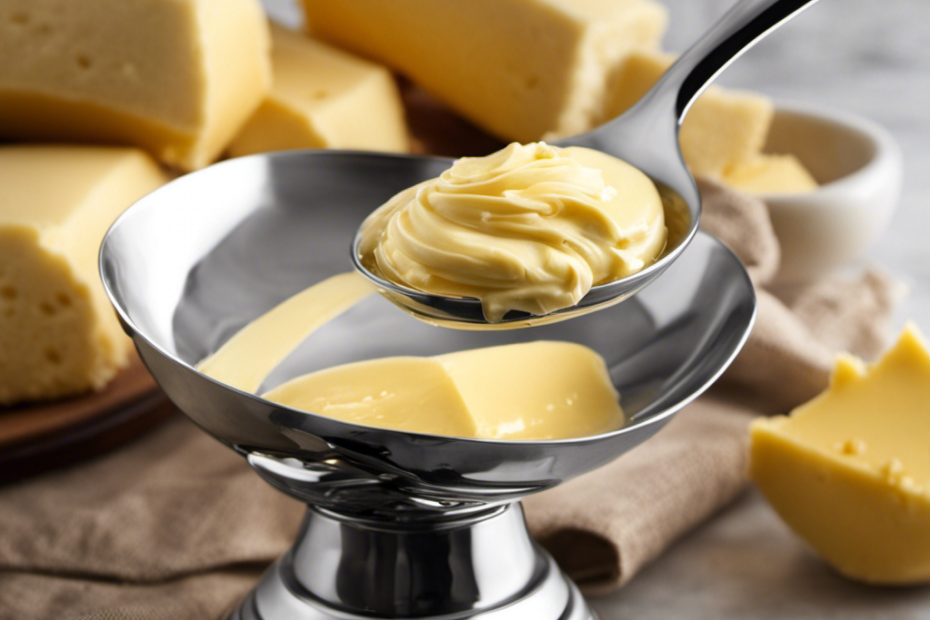 An image that depicts a silver tablespoon filled with creamy, golden butter, being measured on a kitchen scale