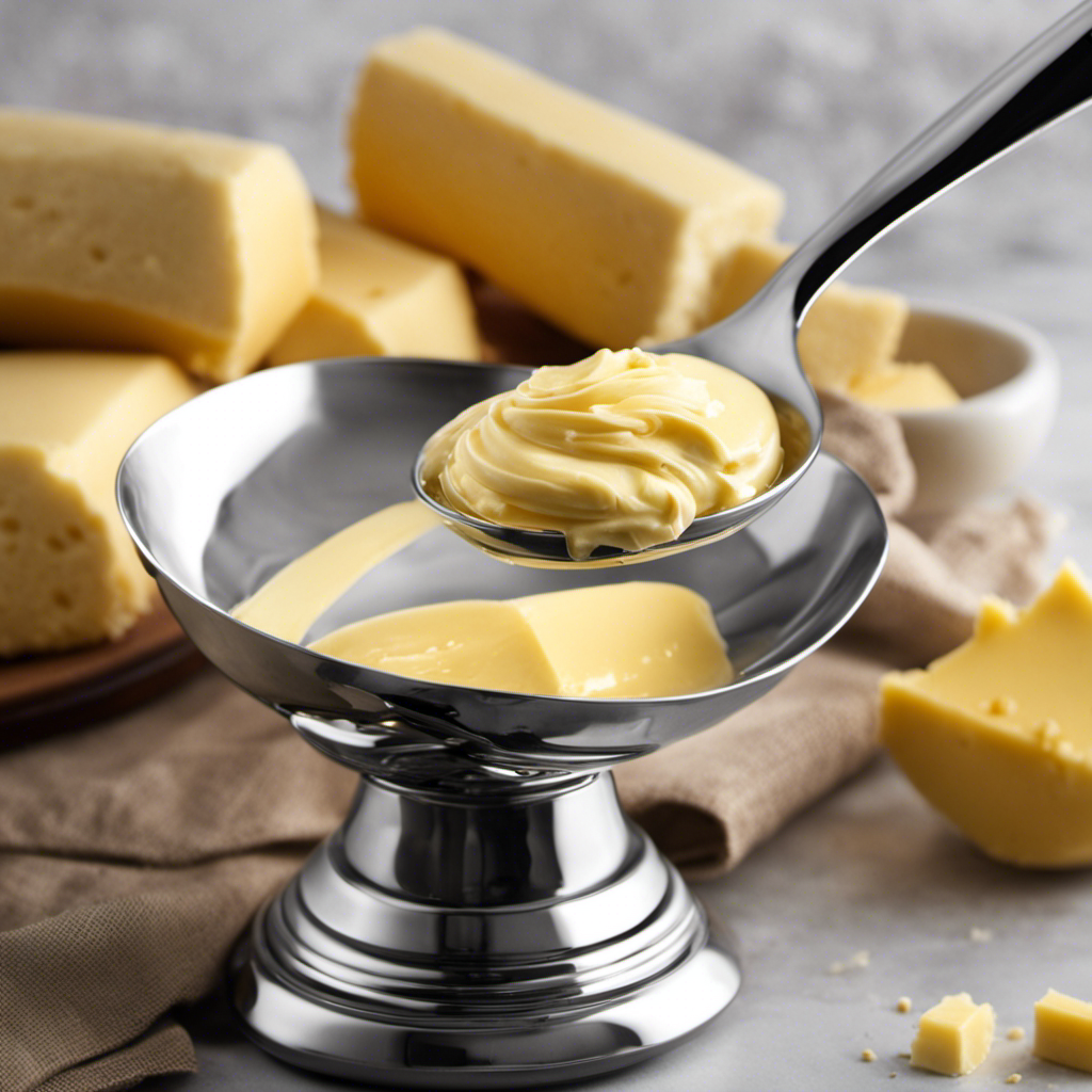 An image that depicts a silver tablespoon filled with creamy, golden butter, being measured on a kitchen scale
