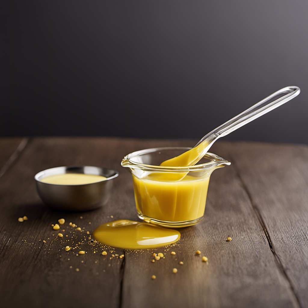 An image showcasing a measuring cup filled halfway with melted butter, precisely reaching the 4-ounce mark