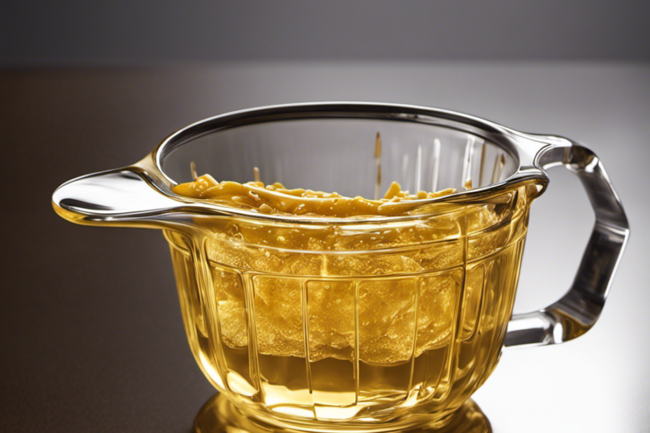 An image showcasing a clear glass measuring cup filled with melted golden butter, precisely measuring one cup