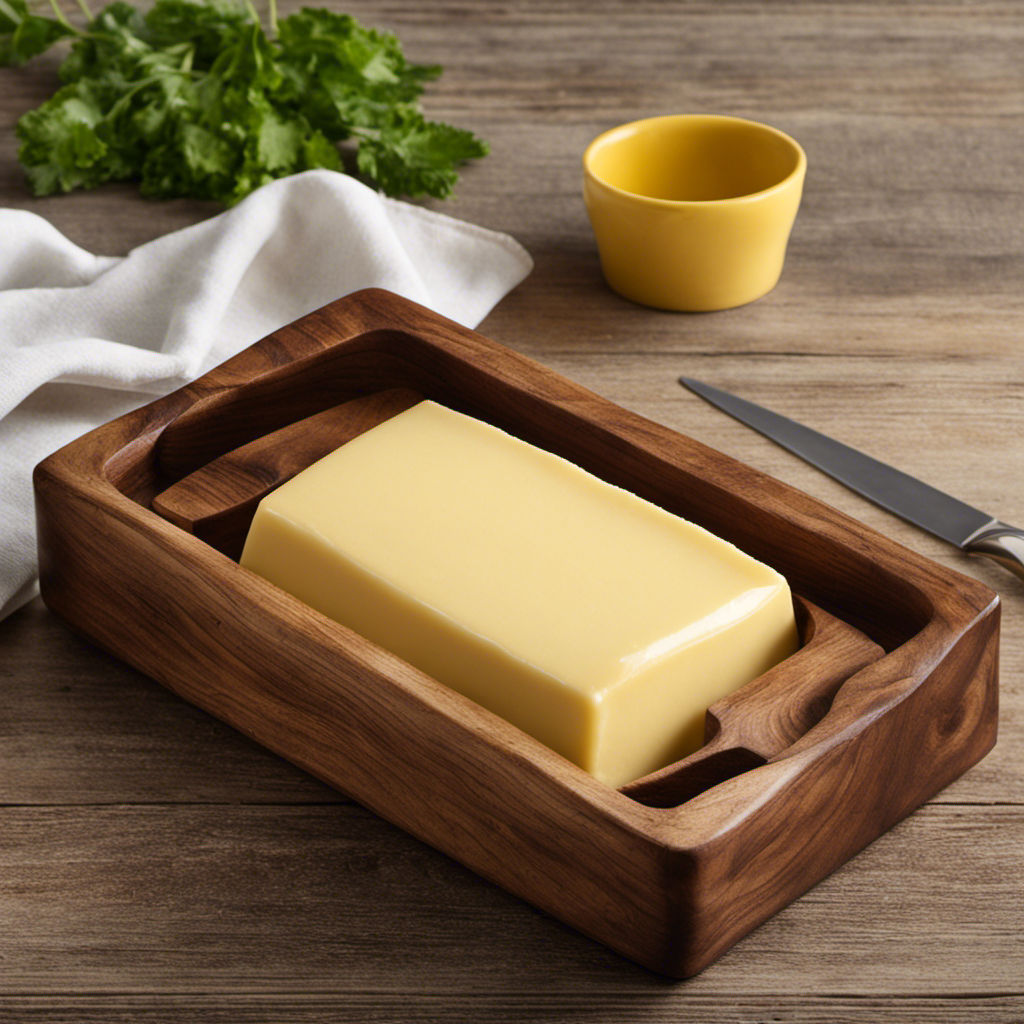An image showcasing a wooden butter dish with a single stick of butter perfectly sliced into four equal sections, each measuring precisely 1 ounce, against a backdrop of a rustic kitchen countertop
