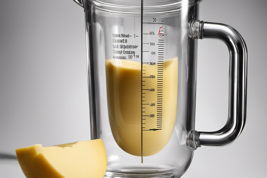 An image depicting a measuring cup filled with creamy, golden butter, slowly pouring into a transparent container with labeled markings representing various ounce measurements, illustrating the conversion of cups to ounces