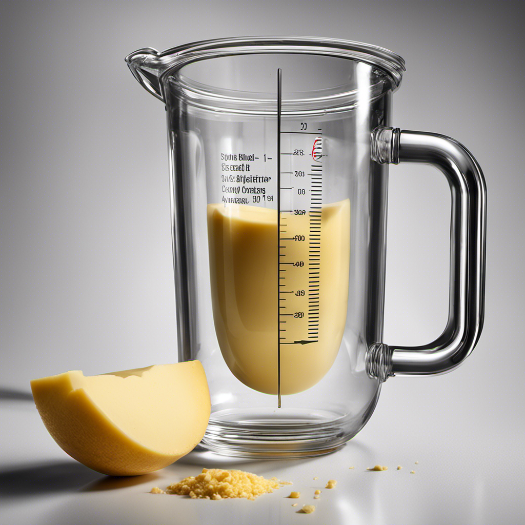 An image depicting a measuring cup filled with creamy, golden butter, slowly pouring into a transparent container with labeled markings representing various ounce measurements, illustrating the conversion of cups to ounces