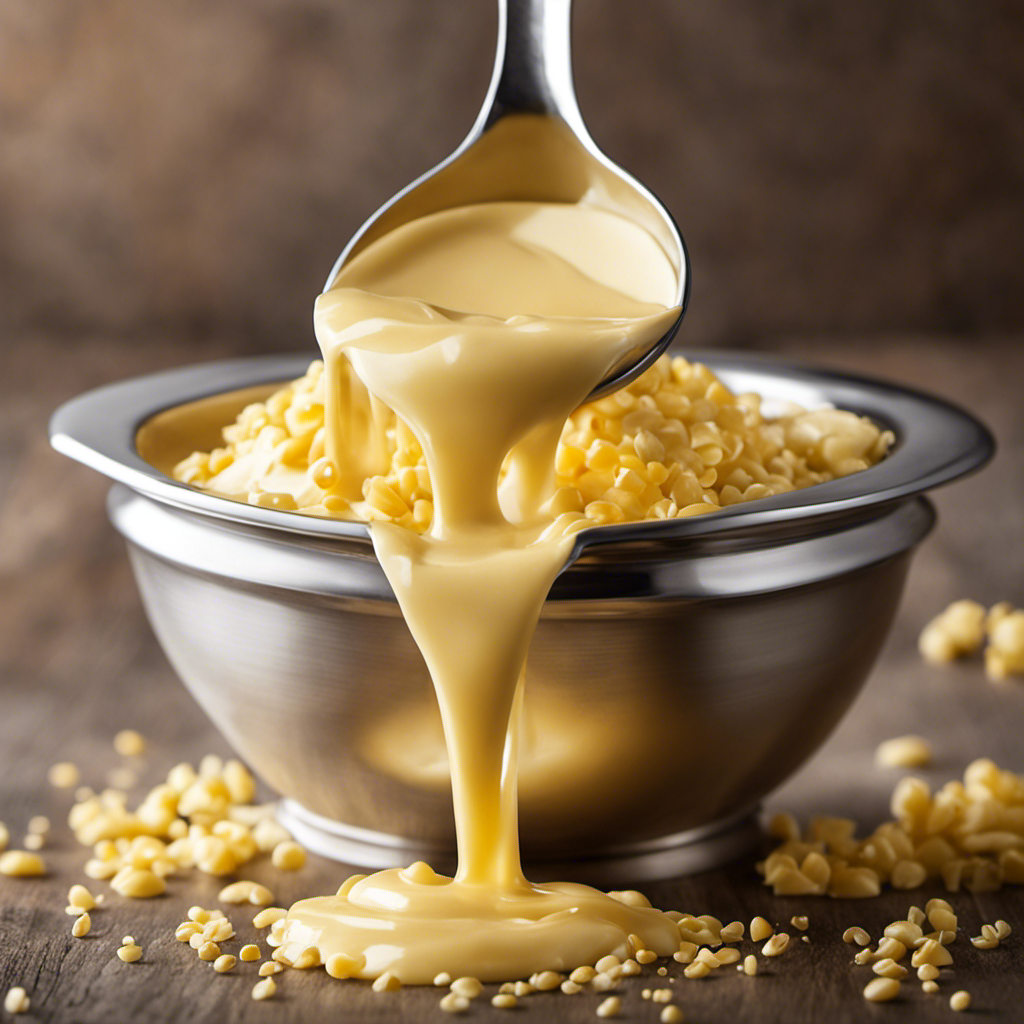 An image depicting a large, elegant tablespoon overflowing with rich, golden drops of creamy butter, gently cascading into a precise measuring cup, symbolizing the conversion from tablespoons to ounces