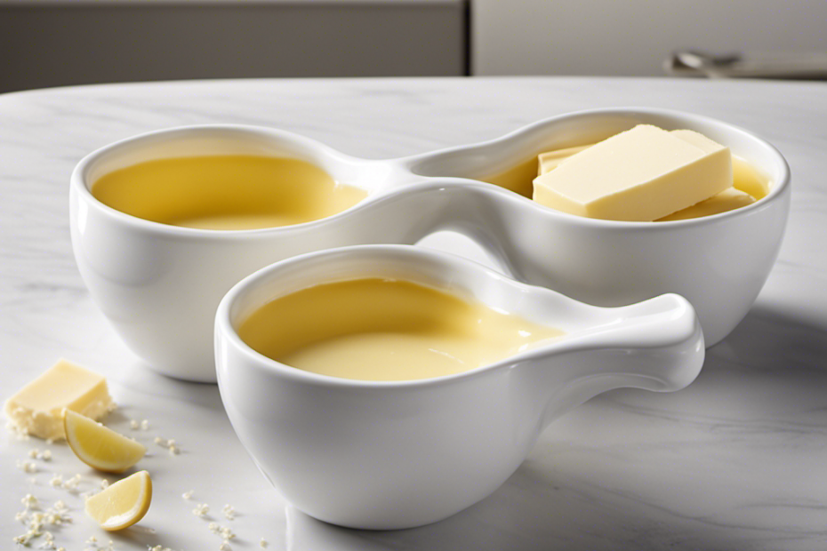An image showcasing two elegant porcelain measuring cups: one filled with creamy butter, smoothly spilling over the brim, while the other cup awaits, ready to receive the exact measurement of butter in ounces