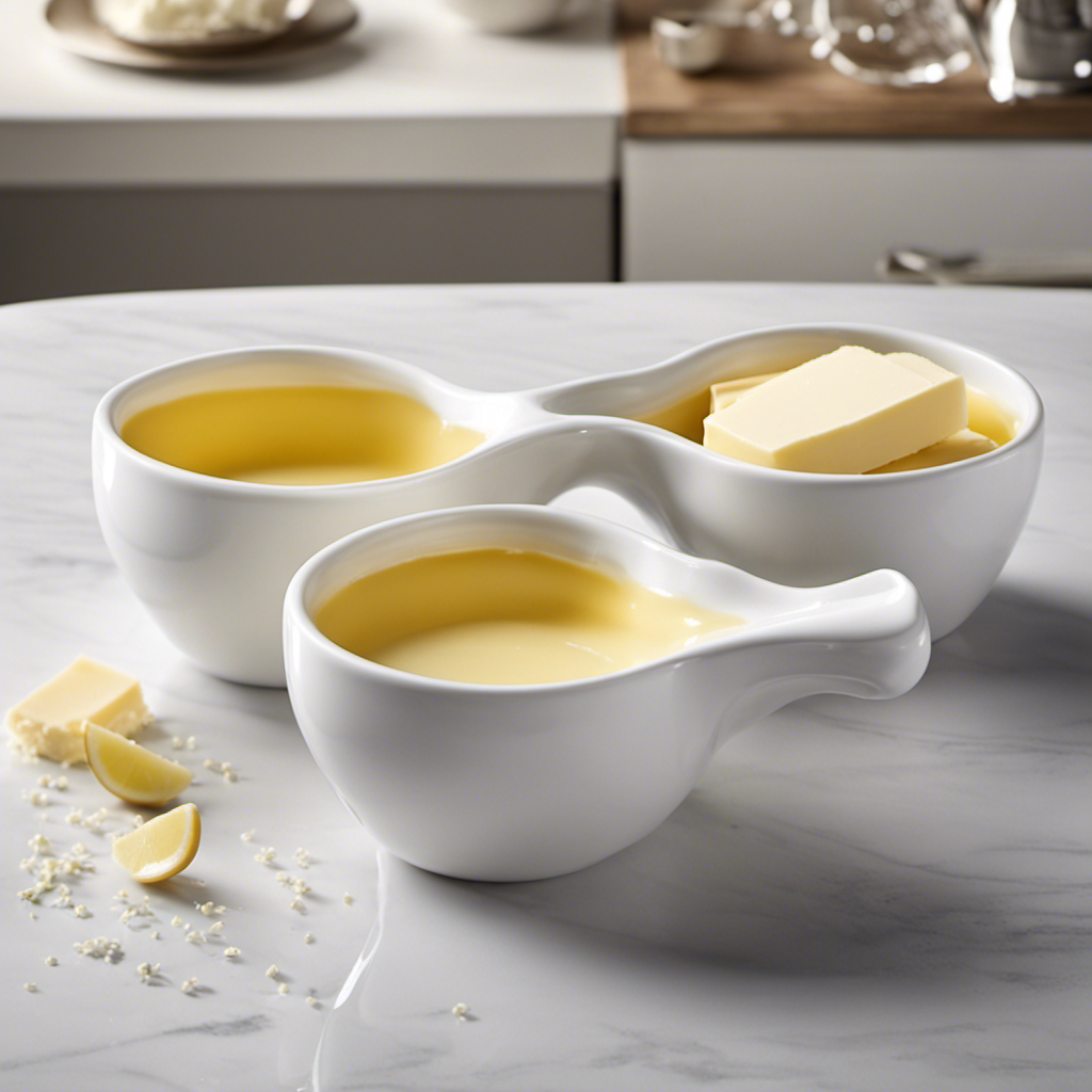 An image showcasing two elegant porcelain measuring cups: one filled with creamy butter, smoothly spilling over the brim, while the other cup awaits, ready to receive the exact measurement of butter in ounces