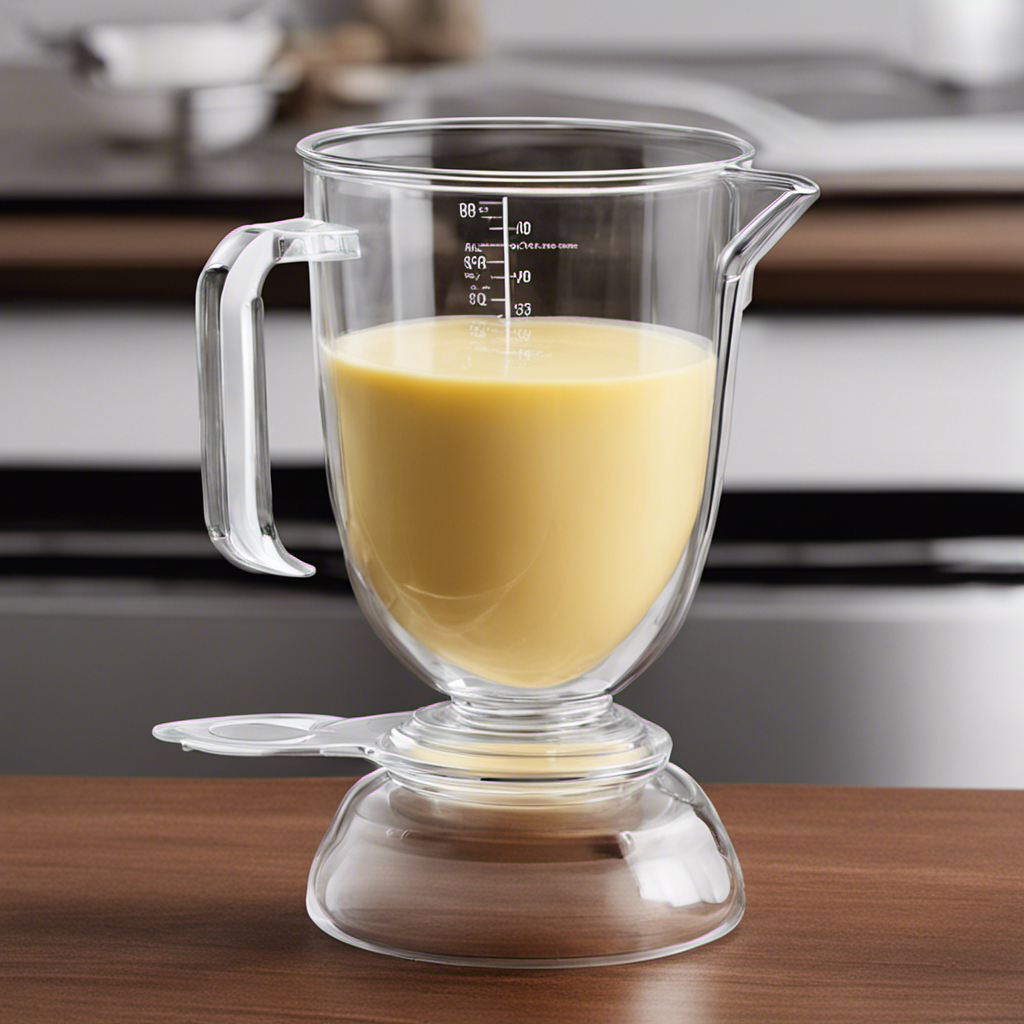 An image showcasing a clear glass measuring cup, precisely filled to the brim with creamy butter, alongside a sleek digital scale displaying the accurate weight of 1 cup in ounces