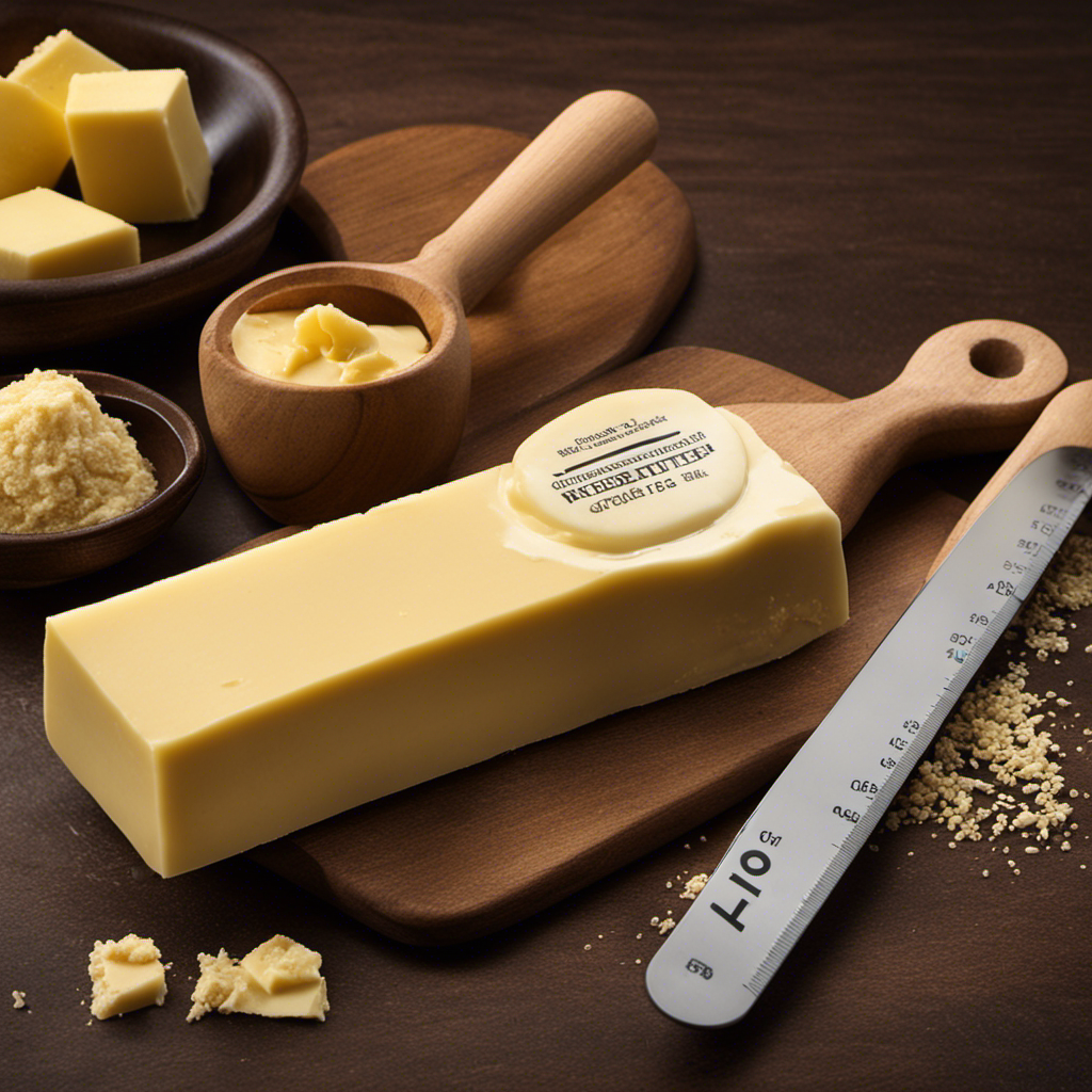 An image showcasing a stick of butter and a measuring scale, capturing the process of weighing the stick to reveal the precise number of ounces contained within