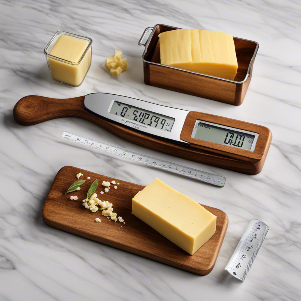 An image depicting a traditional butter stick with clear measurement markings, surrounded by a measuring tape, kitchen scale, and a set of digital scales - all emphasizing the accurate measurement of butter in ounces