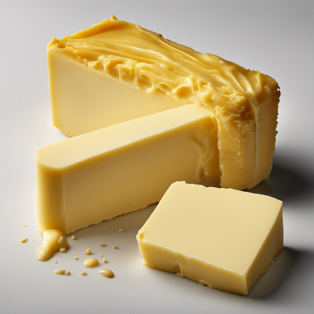 An image showcasing a close-up view of a stick of butter, clearly displaying its measurements