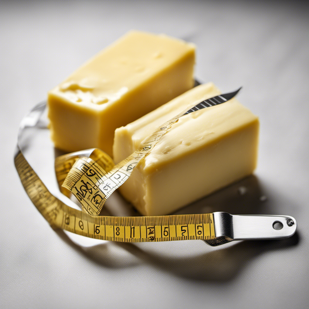 An image showcasing a close-up shot of a measuring tape wrapped around a stick of butter, highlighting precise measurements in ounces