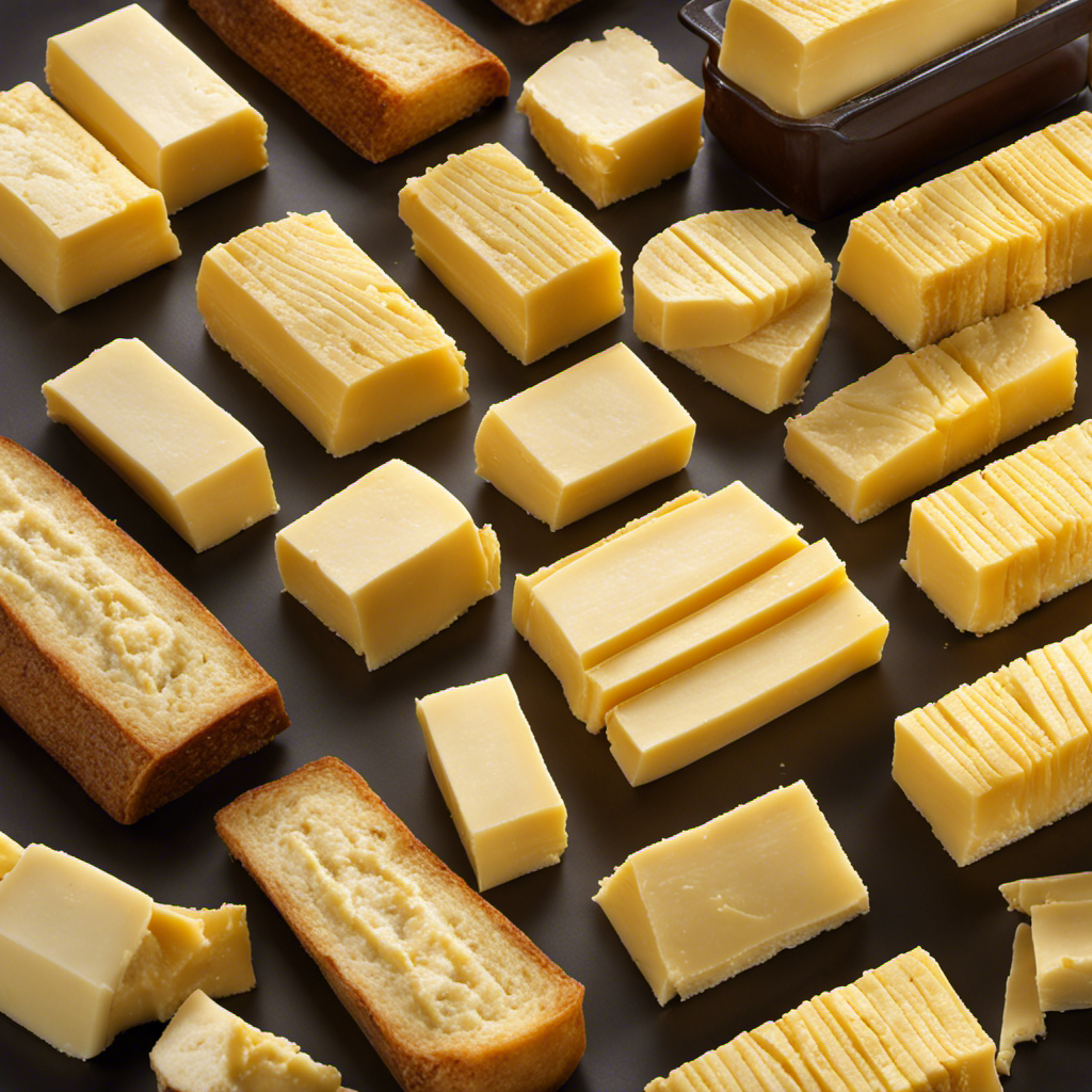 An image illustrating a stick of butter, sliced into 8 equal sections, each labeled with the corresponding ounce measurement