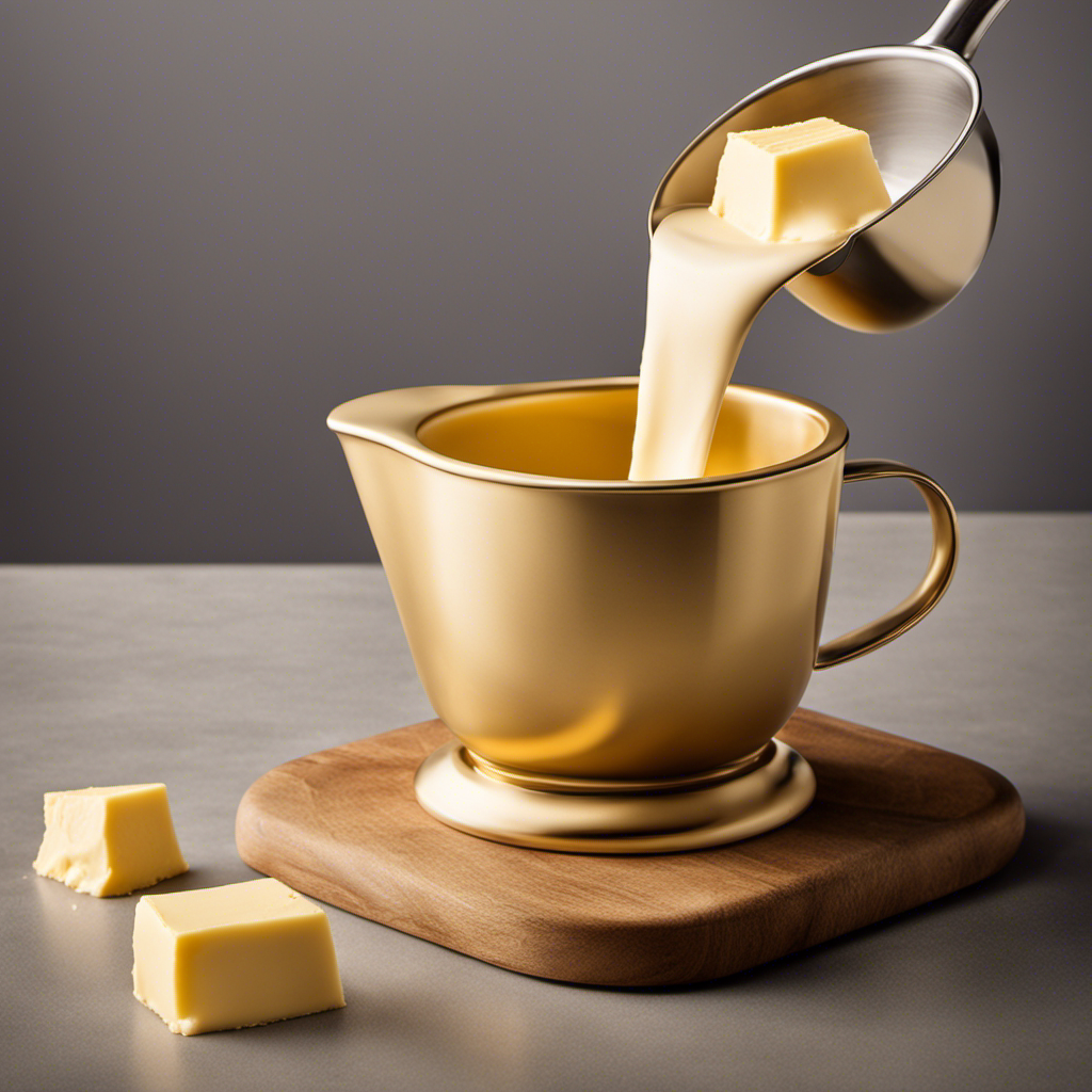 An image showcasing a measuring cup filled with creamy butter, perfectly melted and pouring into a sleek container