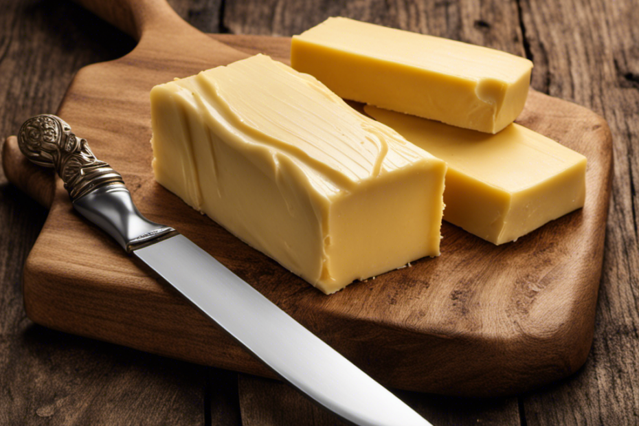 An image showcasing a golden stick of butter, measuring exactly 4 ounces, sitting on a rustic wooden cutting board