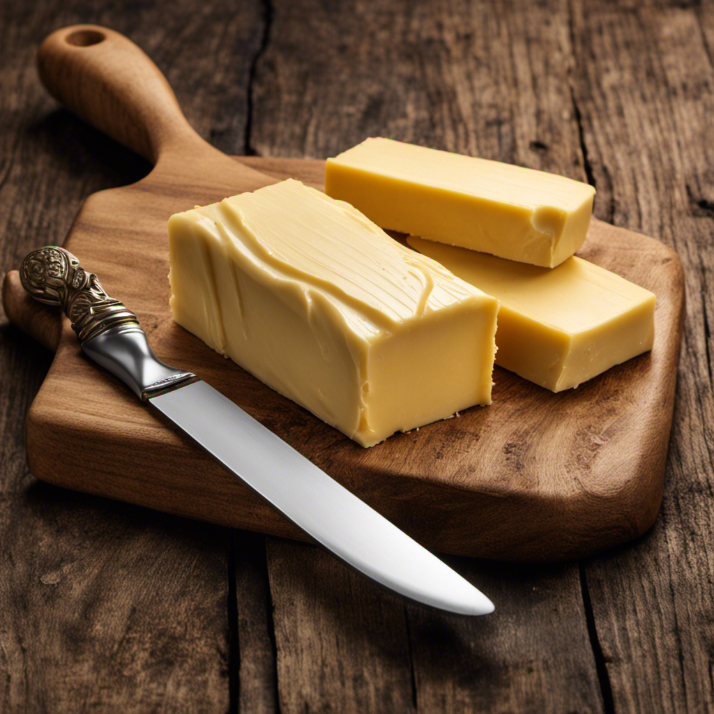 An image showcasing a golden stick of butter, measuring exactly 4 ounces, sitting on a rustic wooden cutting board