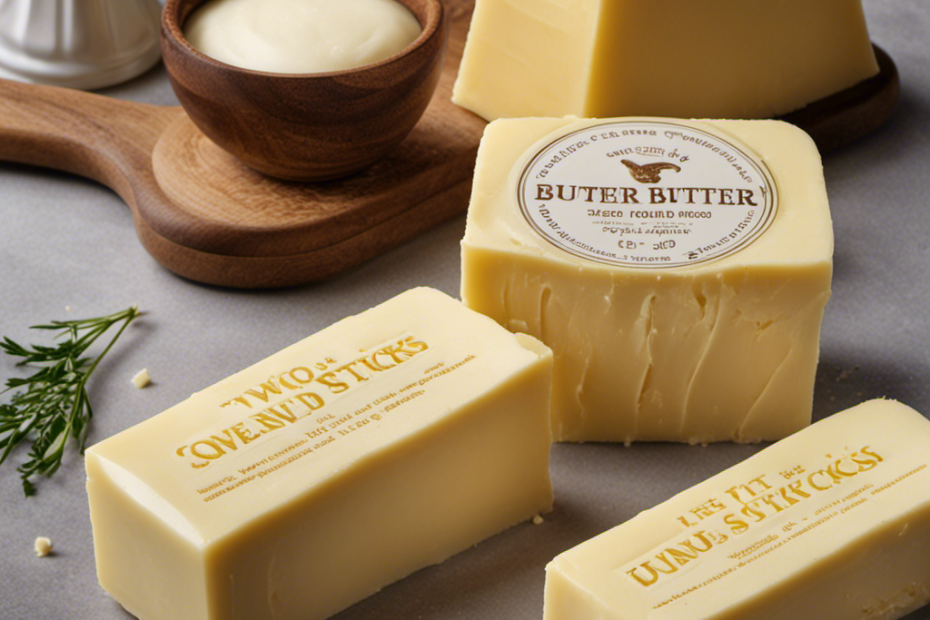 An image showcasing two sticks of butter, each labeled with their corresponding weight in ounces