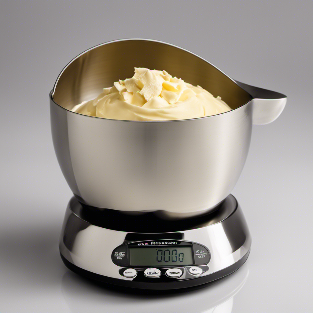 An image showcasing a measuring cup filled with creamy butter, perfectly sculpted into a dome-like shape, with a digital scale beside it displaying the weight in ounces