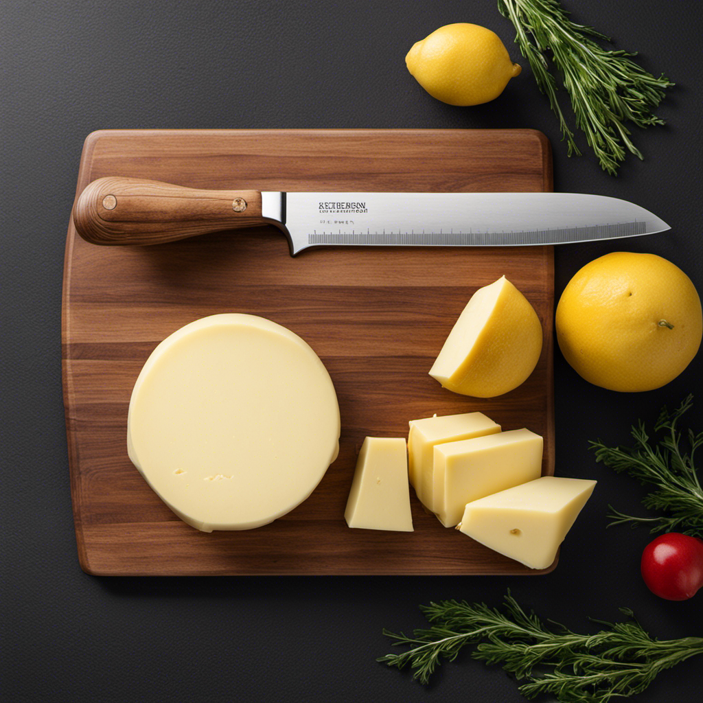 An image showcasing a wooden cutting board with a sleek stainless steel kitchen scale placed beside it, displaying a stick of butter and its weight in ounces