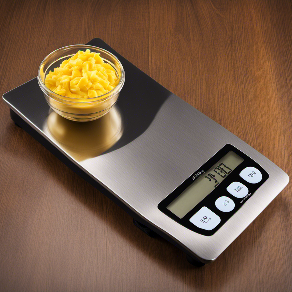 An image showcasing a close-up view of a stainless steel kitchen scale with a stick of butter precisely placed on it