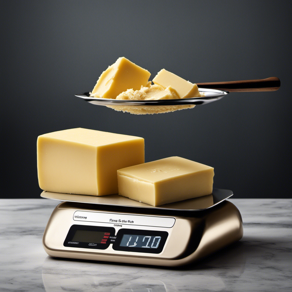 An image featuring a kitchen scale with a stick of butter on it, showcasing a common mistake of measuring butter by volume instead of weight