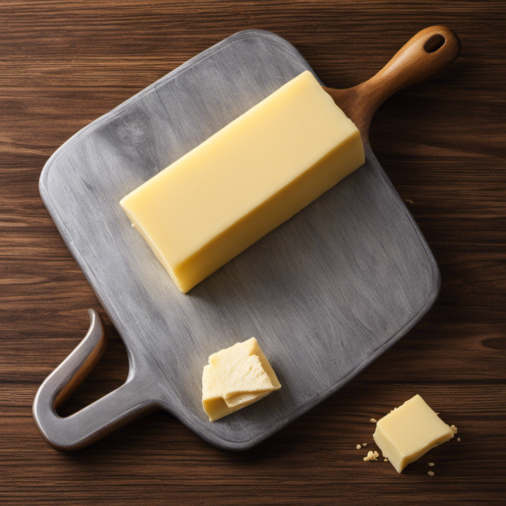 An image depicting a wooden cutting board with a single stick of butter, partially unwrapped, placed beside a vintage scale
