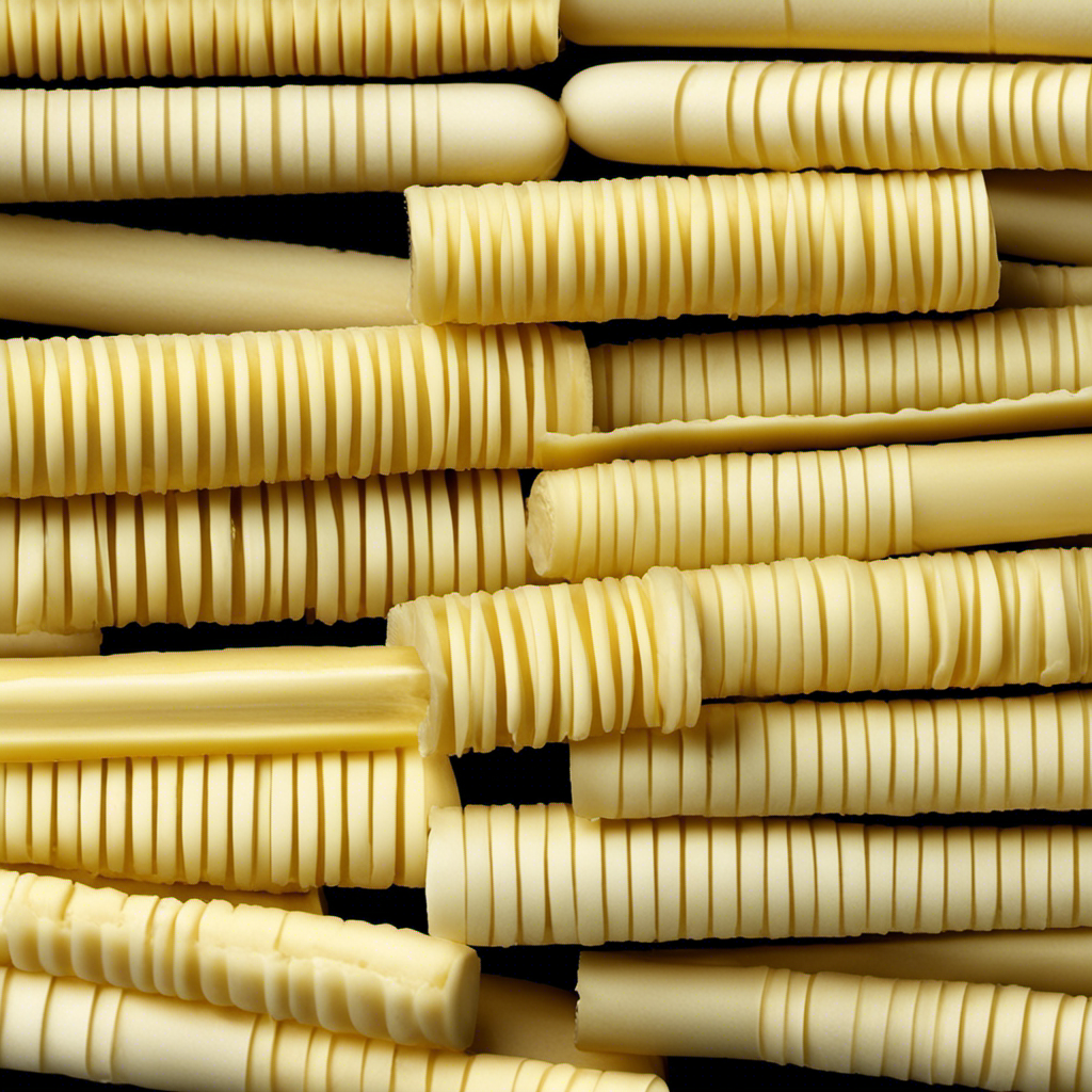 An image that showcases four butter sticks of varying lengths, each labeled with the corresponding measurement in ounces: 1 oz, 2 oz, 4 oz, and 8 oz