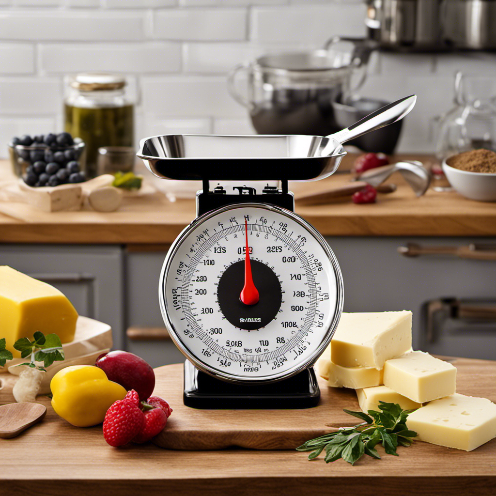 An image showcasing a vibrant kitchen scale with a stick of butter precisely weighing 4 ounces, surrounded by measuring spoons and a measuring cup
