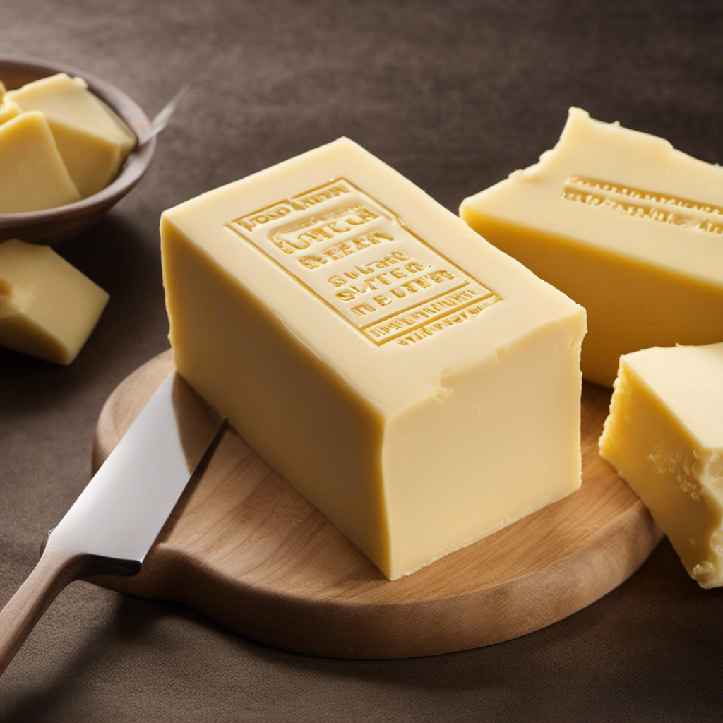 An image showcasing a standard stick of butter, unwrapped, with clear markings indicating its size