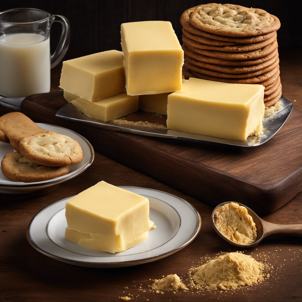 An image that showcases a stack of four golden sticks of butter, each weighing 4 ounces, placed beside a kitchen scale with a measuring cup filled with flour and a recipe book open to a classic cookie recipe