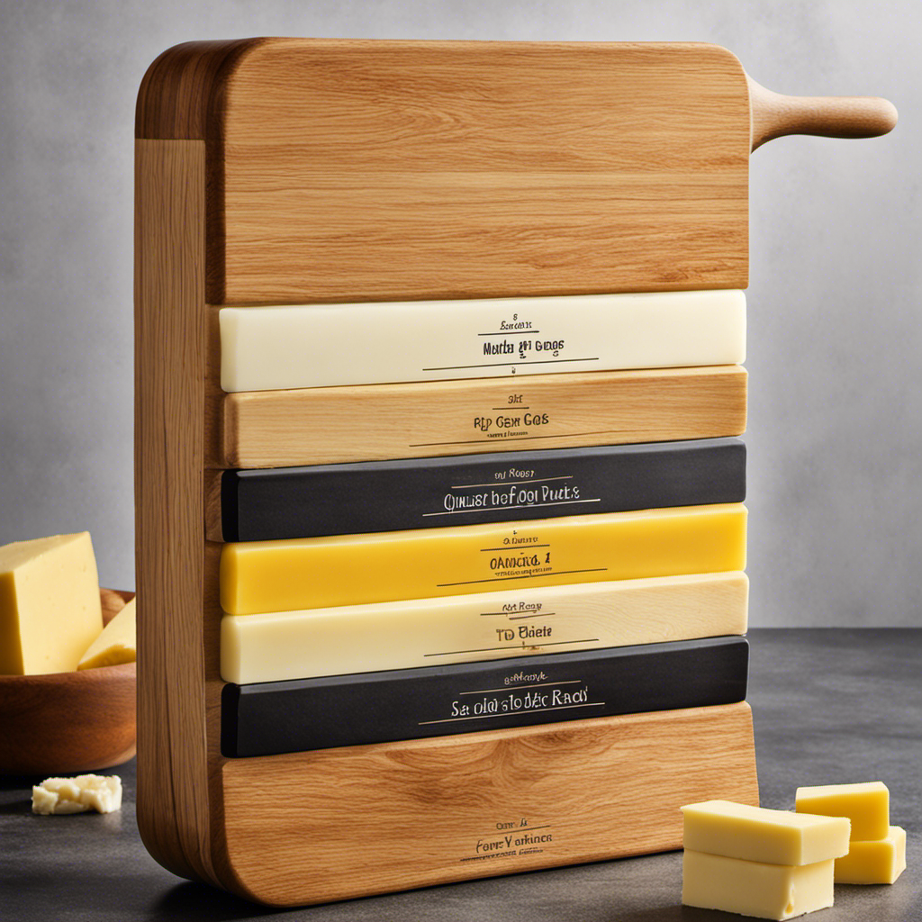 An image showcasing a wooden cutting board with a stack of four quarter-pound sticks of butter