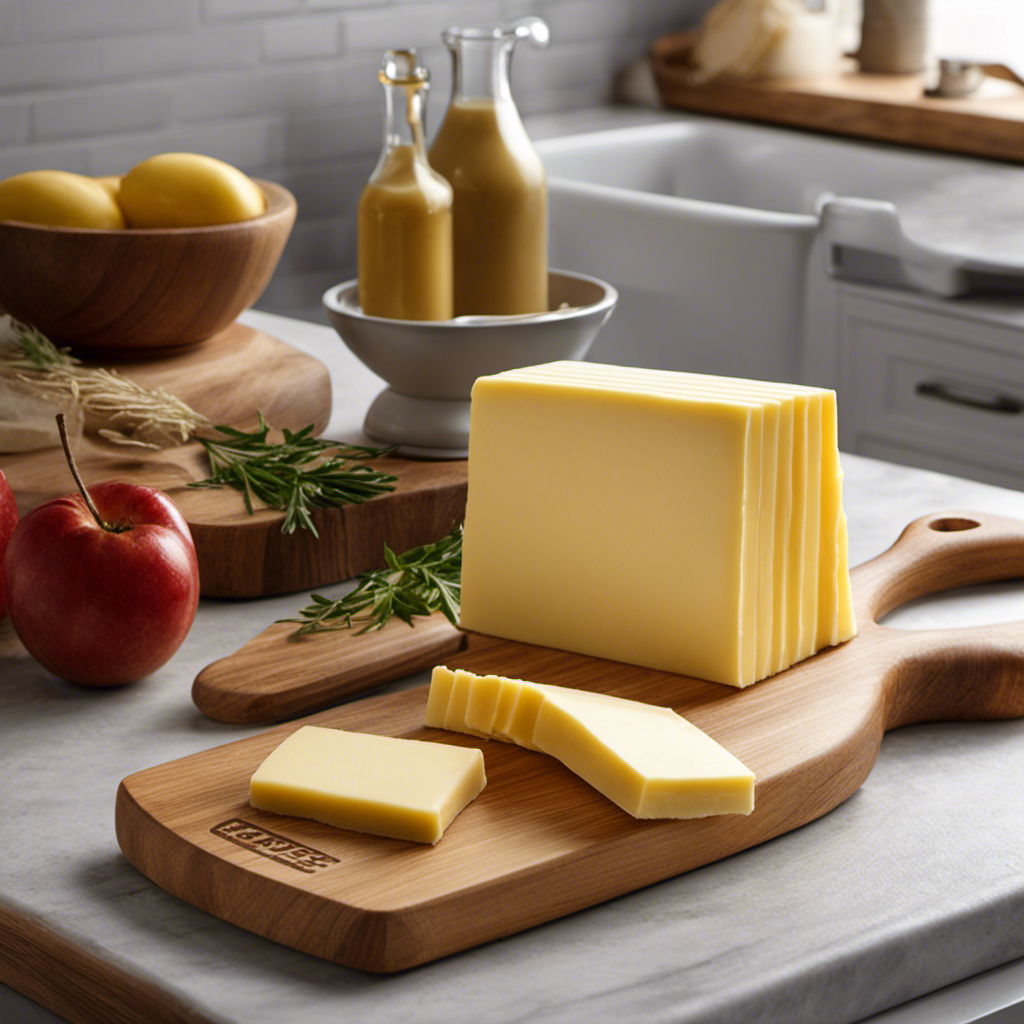 An image showcasing a wooden cutting board with a single stick of butter placed beside a measuring scale