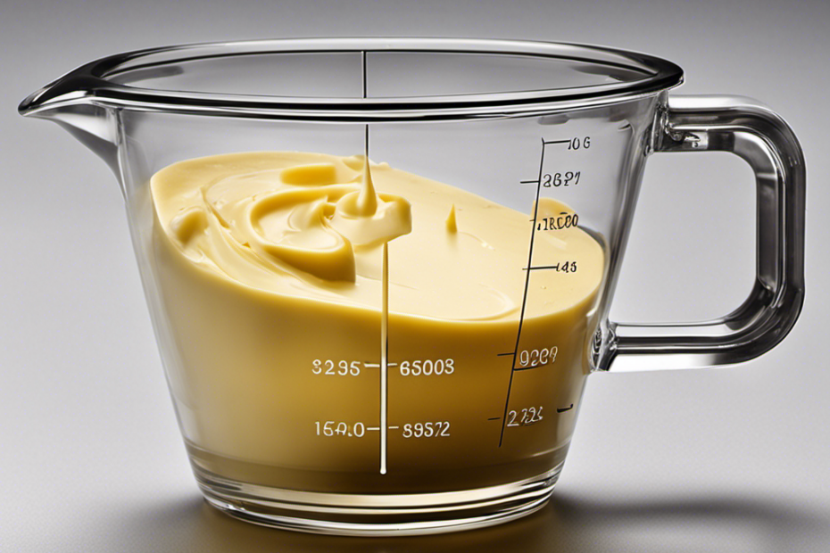 An image showcasing a transparent measuring cup filled with creamy, golden butter, gently gliding towards the brim