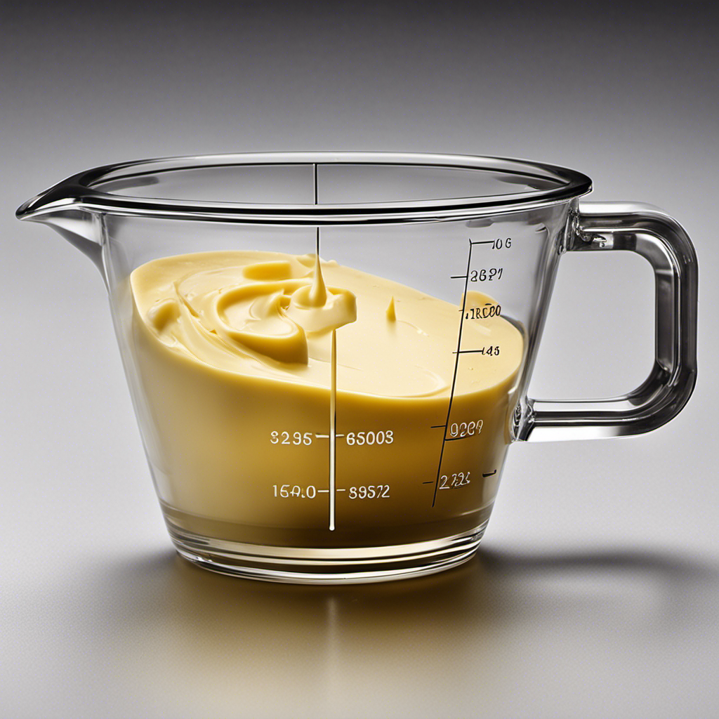 An image showcasing a transparent measuring cup filled with creamy, golden butter, gently gliding towards the brim