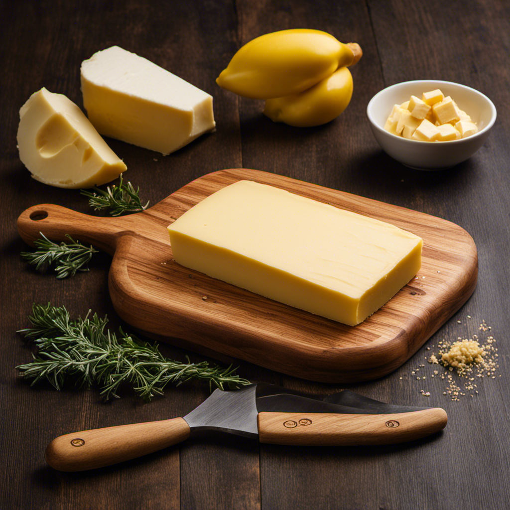 An image showcasing a wooden cutting board with a single stick of butter placed on it