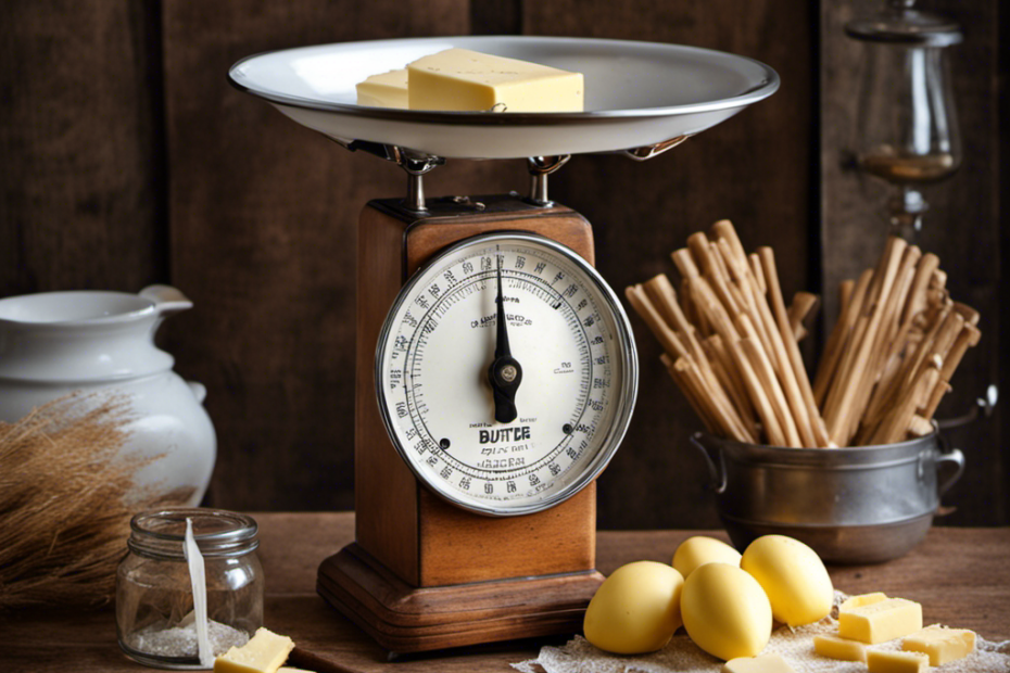 An image showcasing a vintage kitchen scale with a pound of butter on one side and a pile of wooden sticks on the other