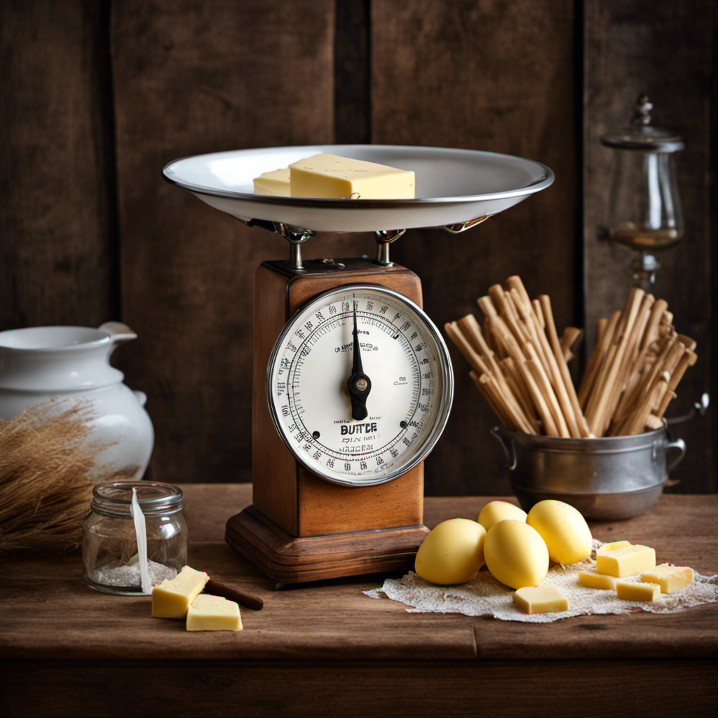 An image showcasing a vintage kitchen scale with a pound of butter on one side and a pile of wooden sticks on the other