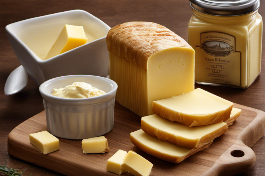 An image depicting a wooden cutting board with a pile of 4 standard rectangular sticks of butter next to a measuring cup, showcasing the visual equivalence between the sticks and 1 cup of butter