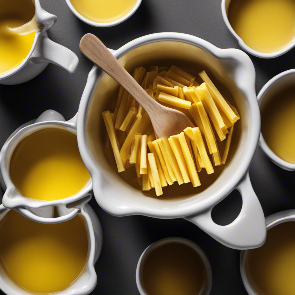 An image depicting a measuring cup filled with melted butter, surrounded by neatly arranged butter sticks
