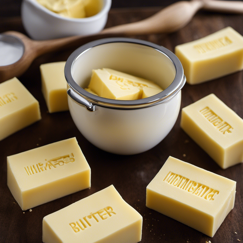 An image showcasing a measuring cup filled with perfectly cut sticks of butter, each stick labeled with measurements
