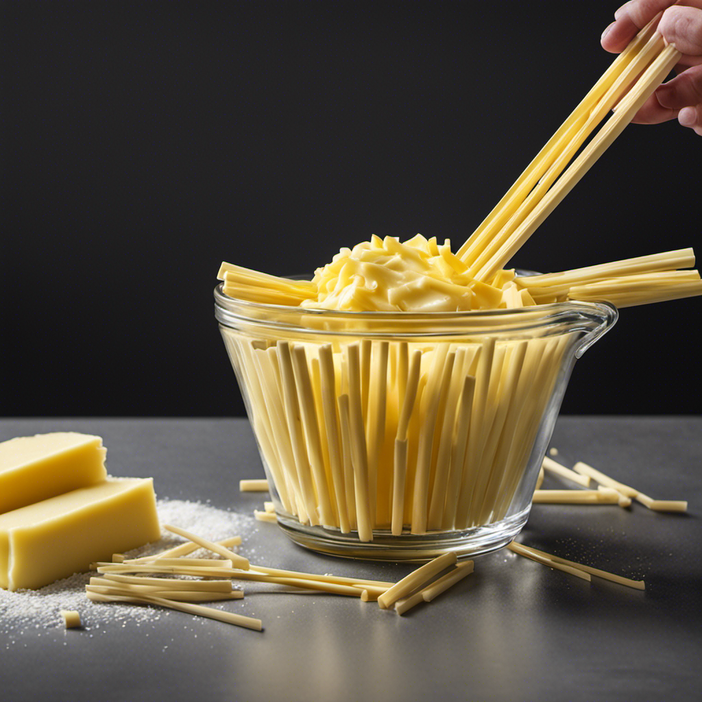 An image showcasing a clear glass measuring cup filled with melted butter, surrounded by neatly arranged butter sticks, to visually explain the equivalence between 1 cup of butter and its corresponding number of sticks