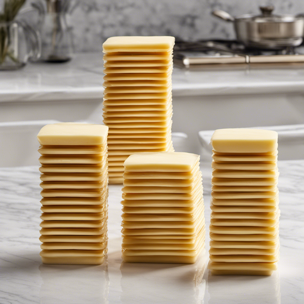 An image showcasing a pristine kitchen countertop with 4 identical stacks of butter sticks, neatly aligned side by side