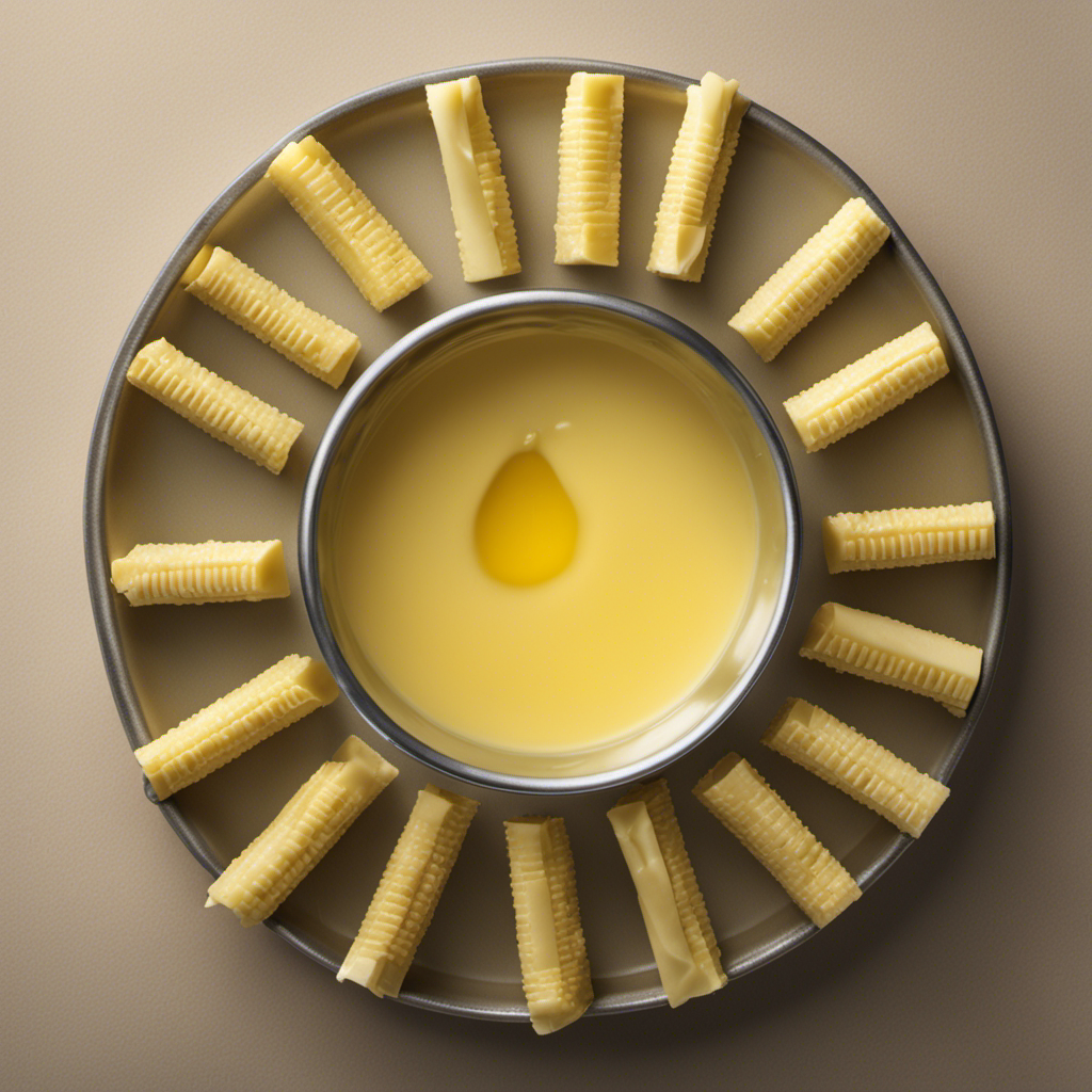 An image showcasing a measuring cup filled with melted butter, surrounded by identical sticks of butter neatly arranged, forming a circle
