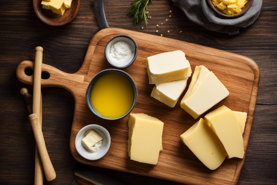 An image showcasing a wooden cutting board with a neatly arranged pile of 2/3 cup of butter, equivalent to 10 sticks, surrounded by a measuring cup, highlighting the correlation between sticks and cups