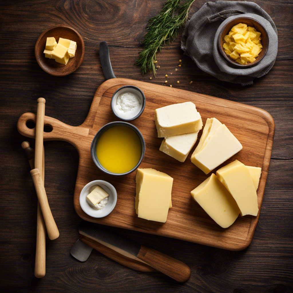 An image showcasing a wooden cutting board with a neatly arranged pile of 2/3 cup of butter, equivalent to 10 sticks, surrounded by a measuring cup, highlighting the correlation between sticks and cups