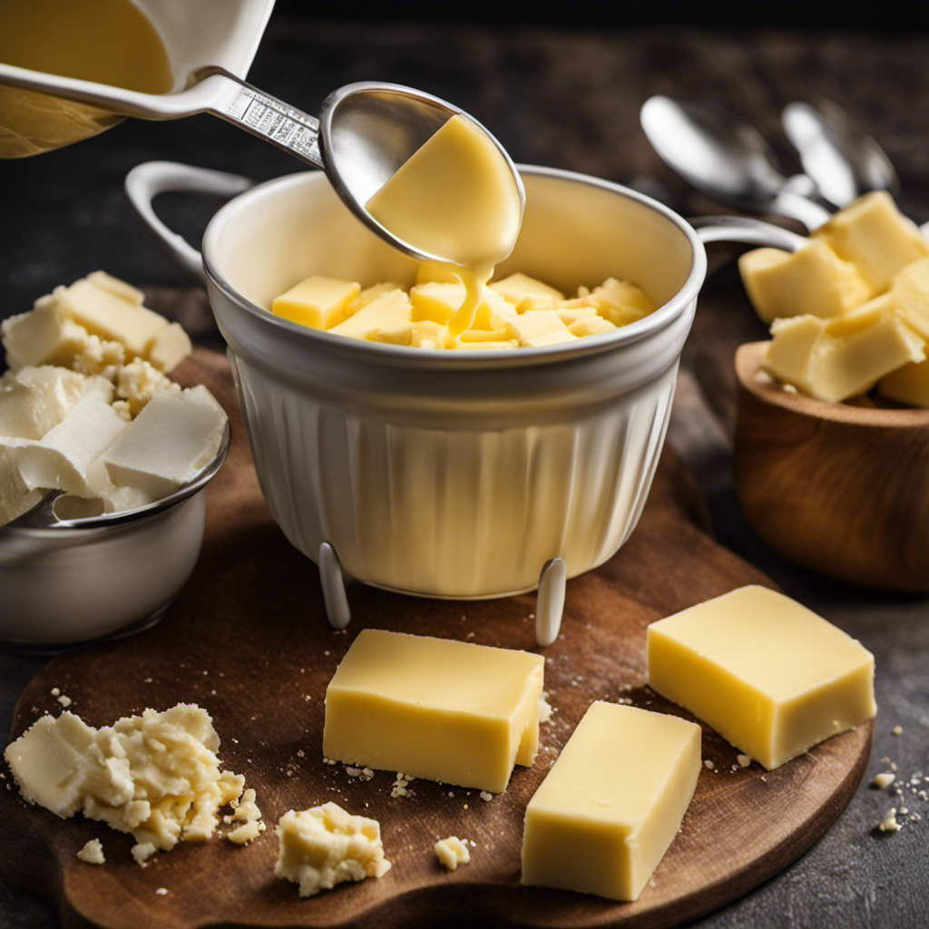 An image showcasing a measuring cup filled with 1 cup of butter, surrounded by neatly aligned butter sticks