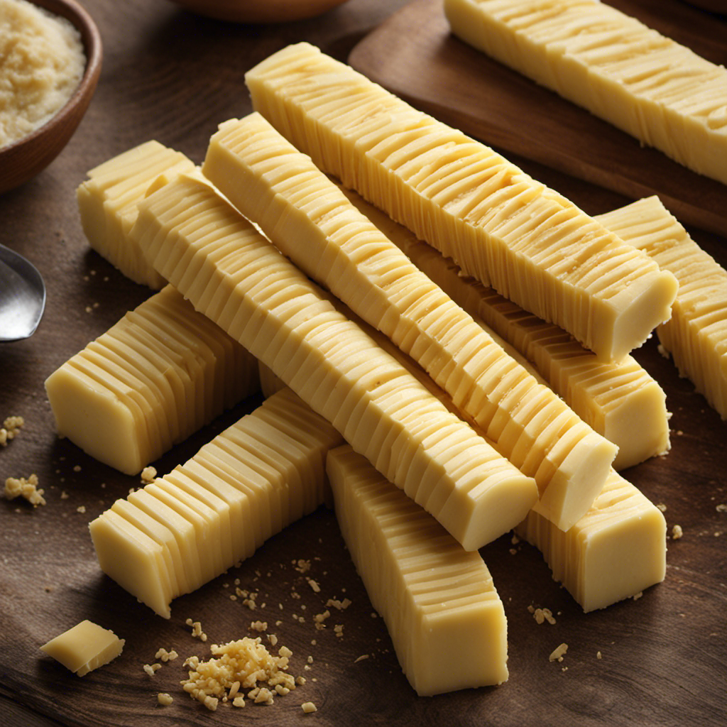 An image showcasing a stack of butter sticks, each stick neatly labeled with measurements, such as 1/4, 1/2, and 1 cup, unraveling the intriguing relationship between butter and sticks