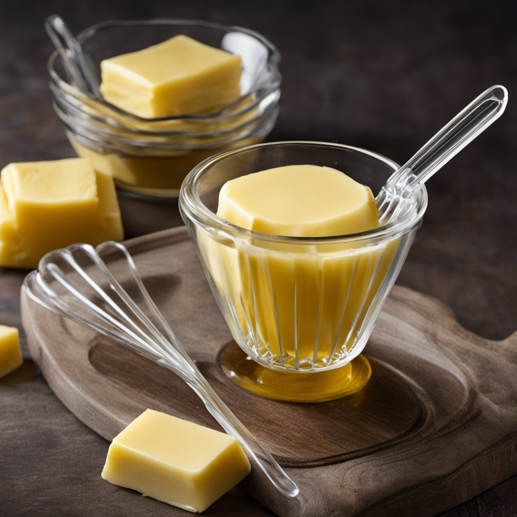 An image showcasing a clear glass measuring cup filled with 1 cup of melted butter, alongside a stack of neatly lined butter sticks, illustrating the simple conversion between cups and sticks