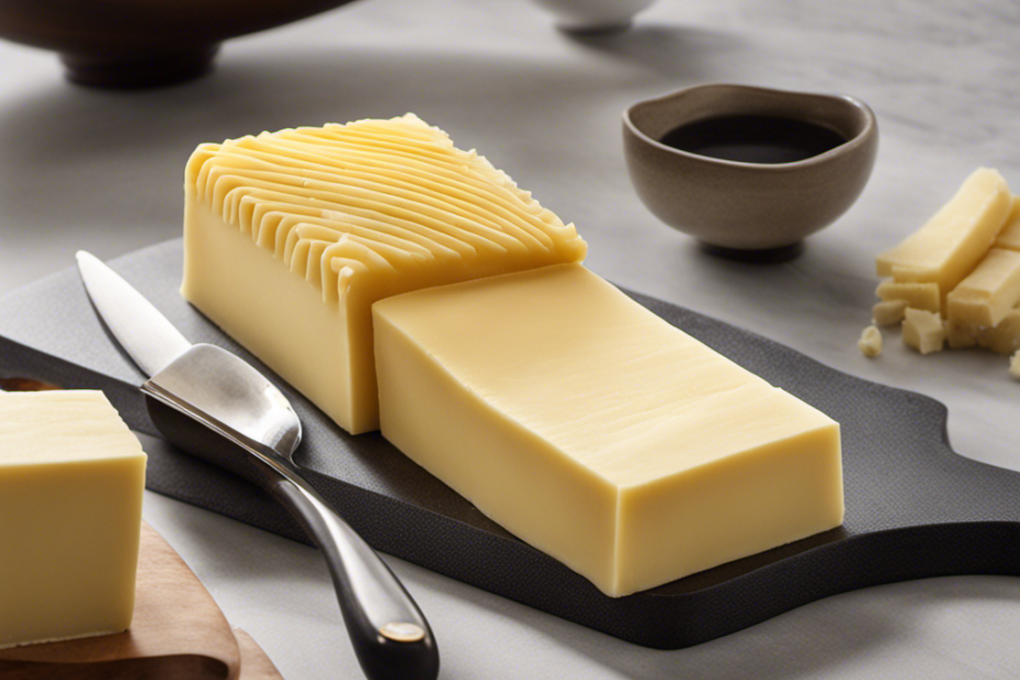 An image showcasing a sleek, rectangular block of butter, precisely sliced into uniform sticks, each stick nestled side by side, representing the weight of 1 lb