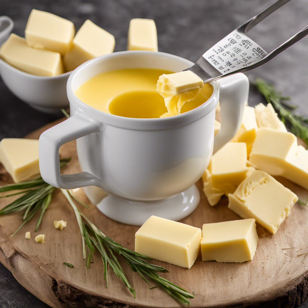An image showcasing a measuring cup with 3/4 cup of butter poured into it, alongside a neat arrangement of butter sticks, accurately representing the quantity