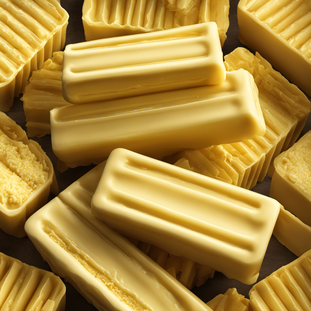 An image showcasing a stack of butter sticks, with three sticks visible and one partially melted, representing 3/4 cup of butter